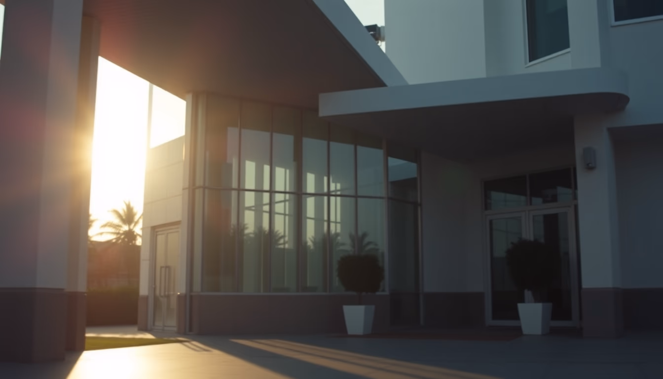 modern Brazilian hospital exterior at sunrise in editorial style