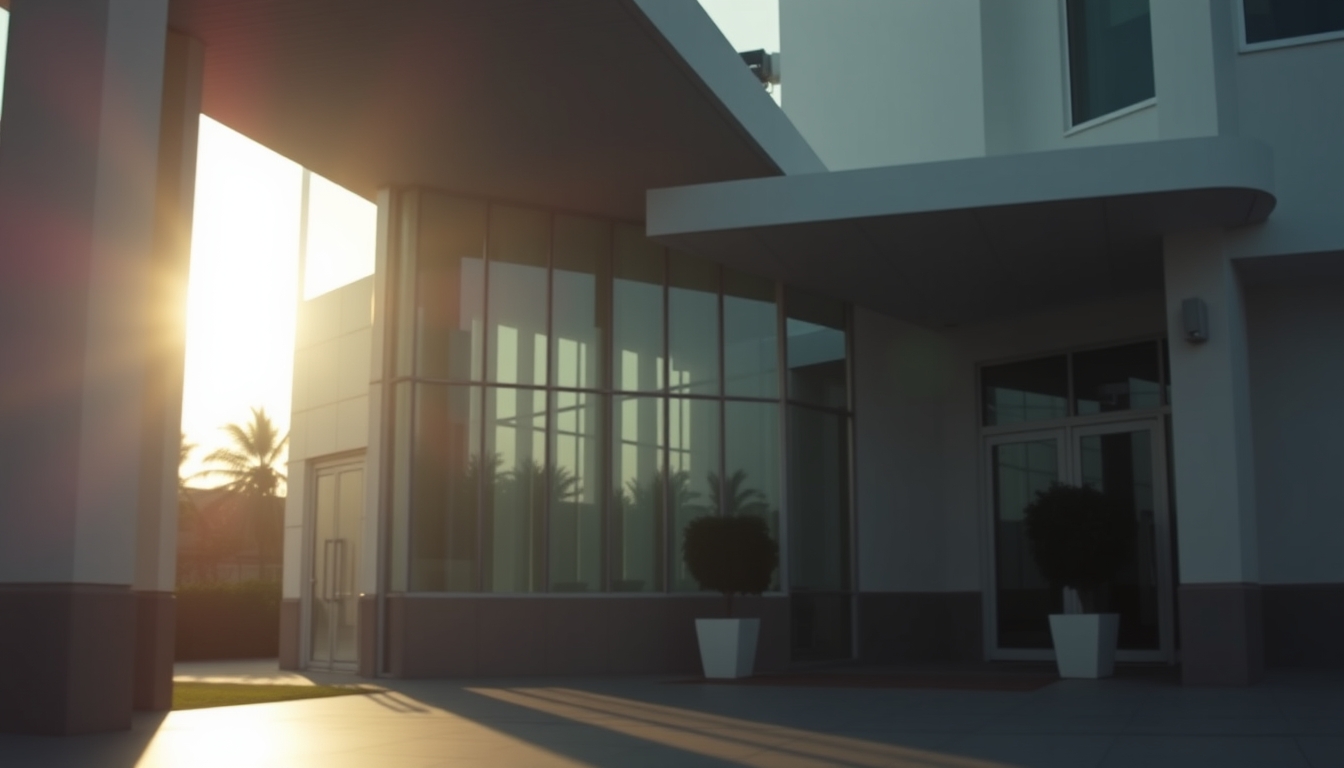 modern Brazilian hospital exterior at sunrise in editorial style