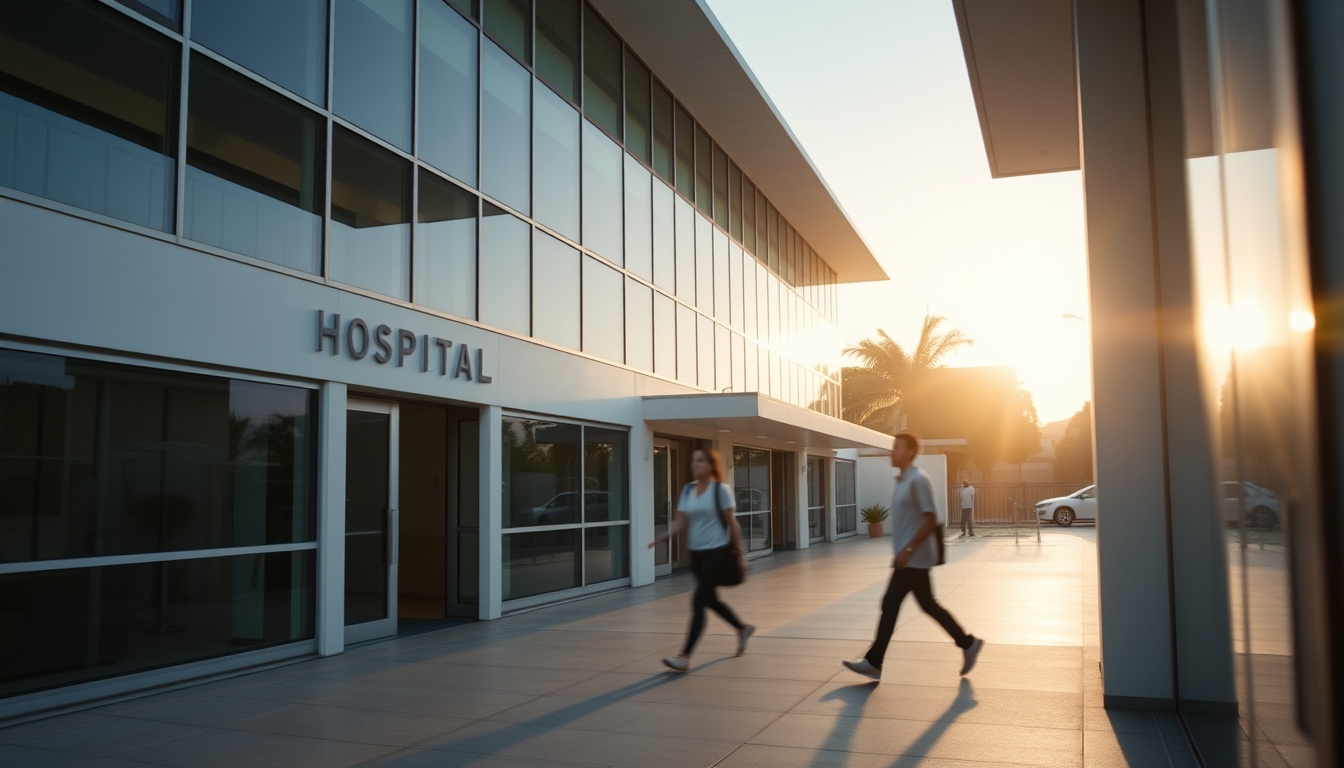 modern Brazilian hospital exterior at sunrise in editorial style