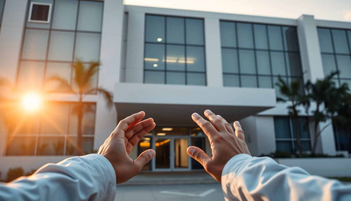 modern Brazilian hospital exterior at sunrise in editorial style