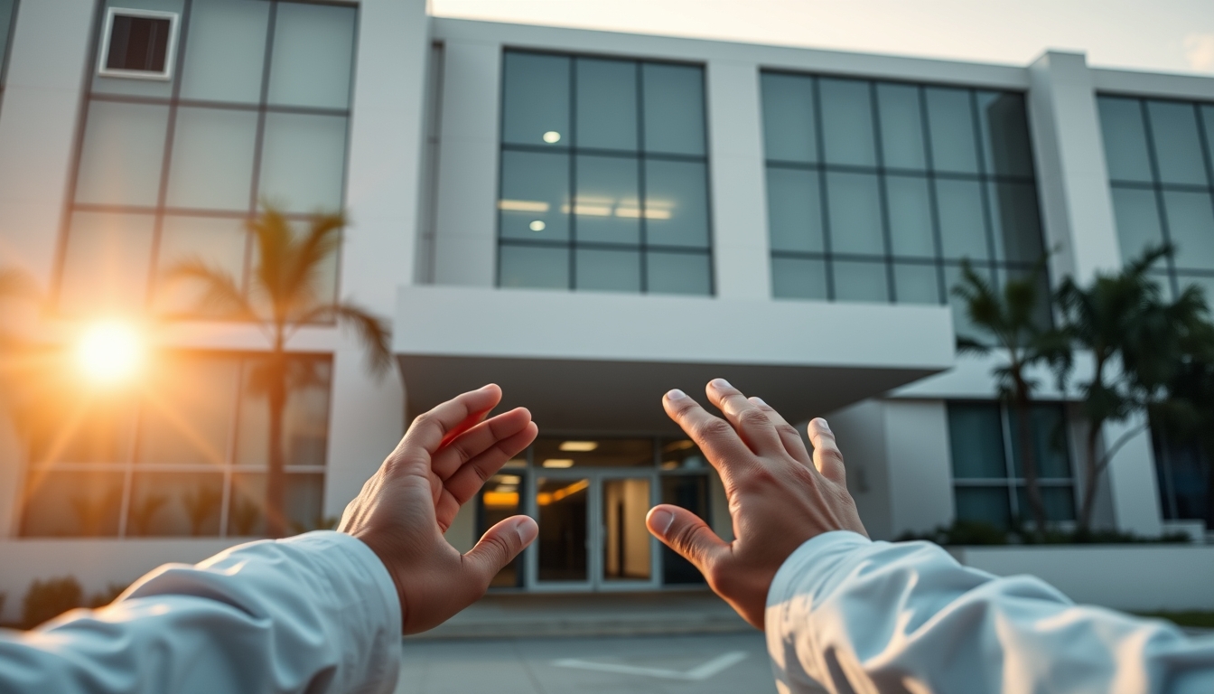 modern Brazilian hospital exterior at sunrise in editorial style
