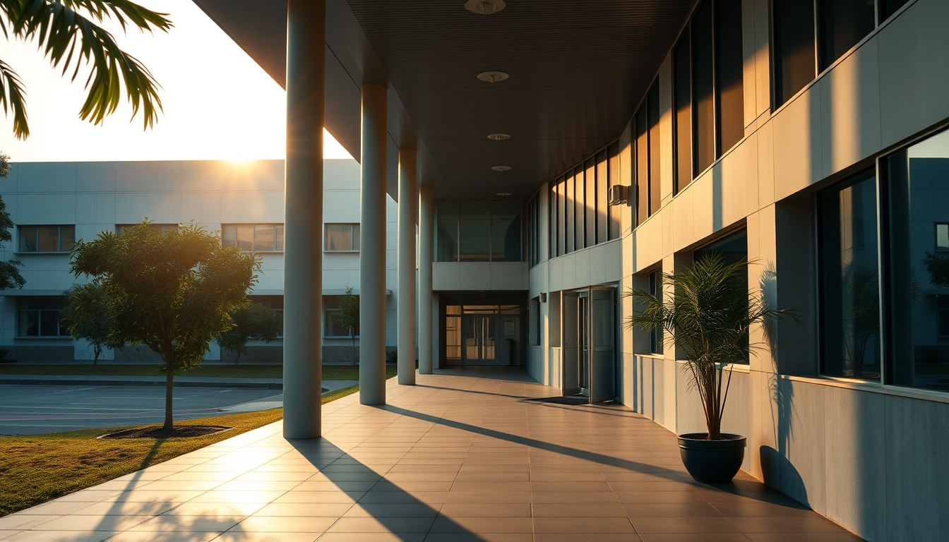 modern Brazilian hospital exterior at sunrise in editorial style