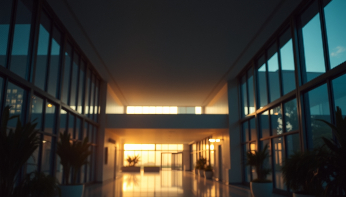 modern Brazilian hospital exterior at sunrise in editorial style