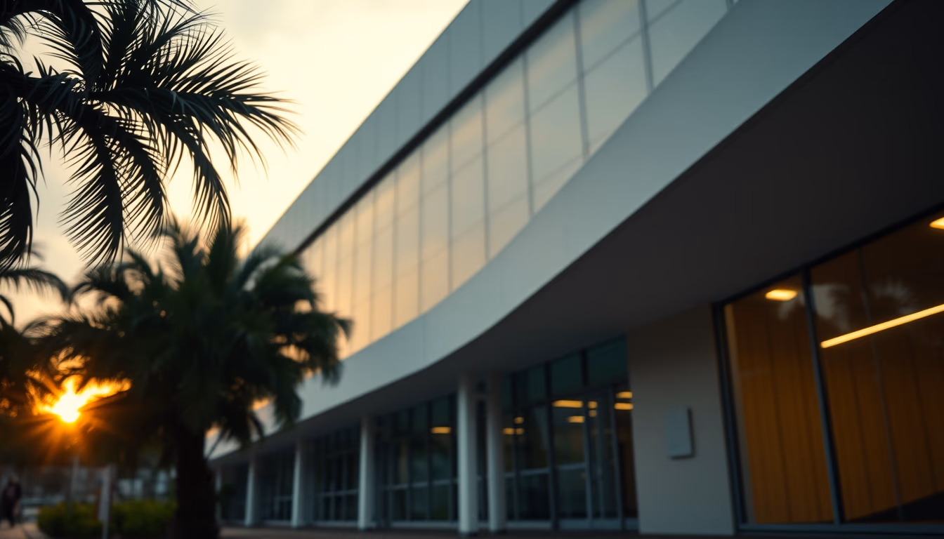 modern Brazilian hospital exterior at sunrise in editorial style