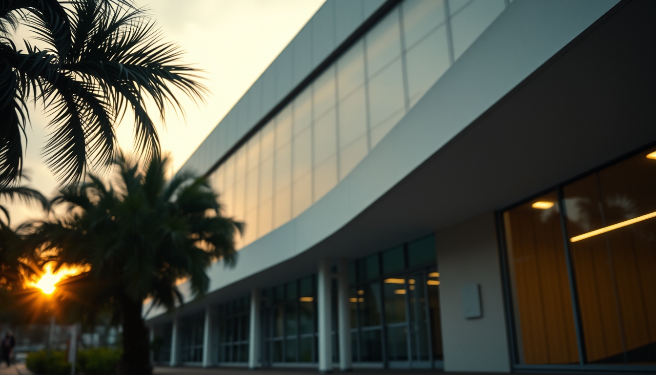 modern Brazilian hospital exterior at sunrise in editorial style