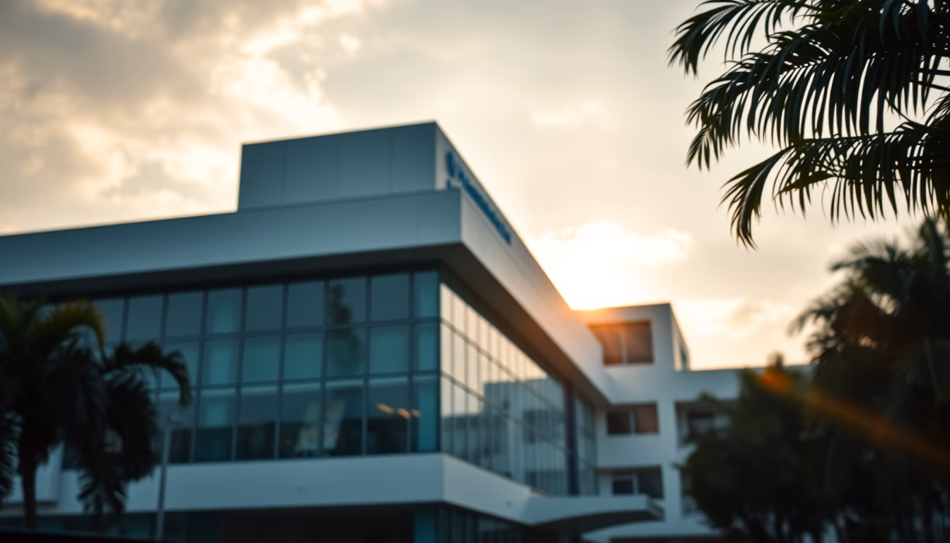 modern Brazilian hospital exterior at sunrise in editorial style