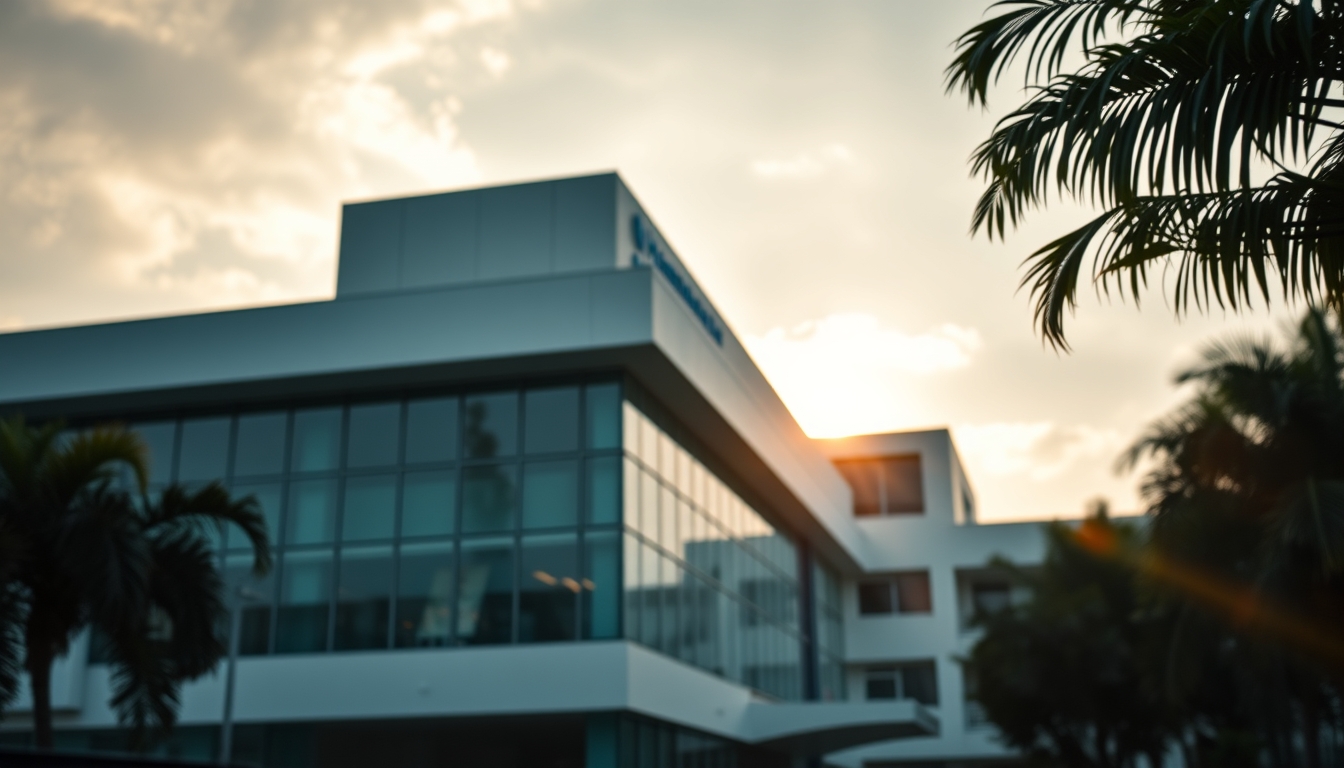 modern Brazilian hospital exterior at sunrise in editorial style