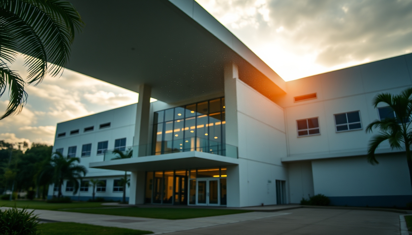 modern Brazilian hospital exterior at sunrise in editorial style
