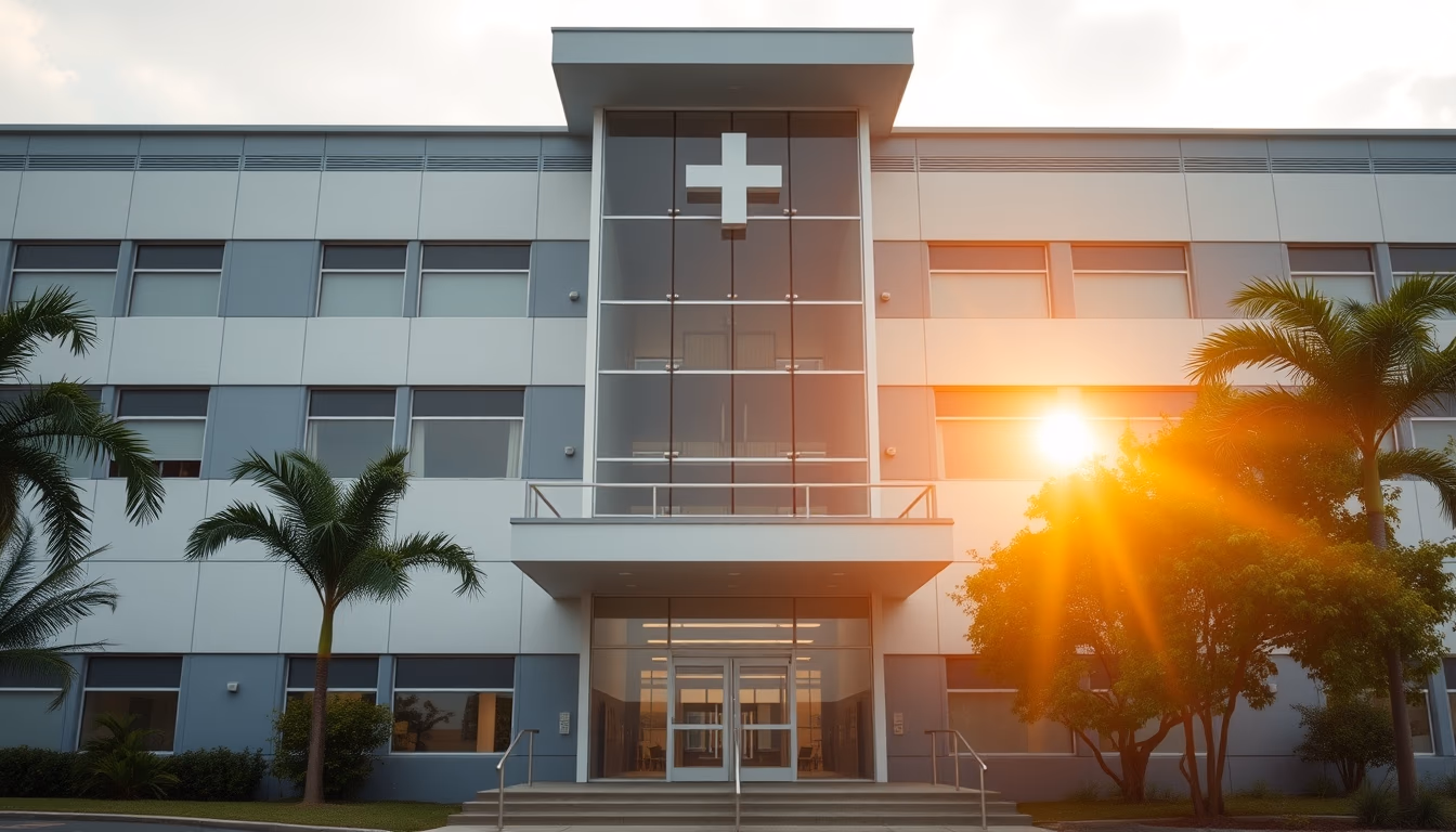 modern Brazilian hospital exterior at sunrise in editorial style
