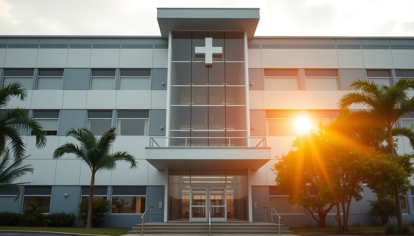 modern Brazilian hospital exterior at sunrise in editorial style