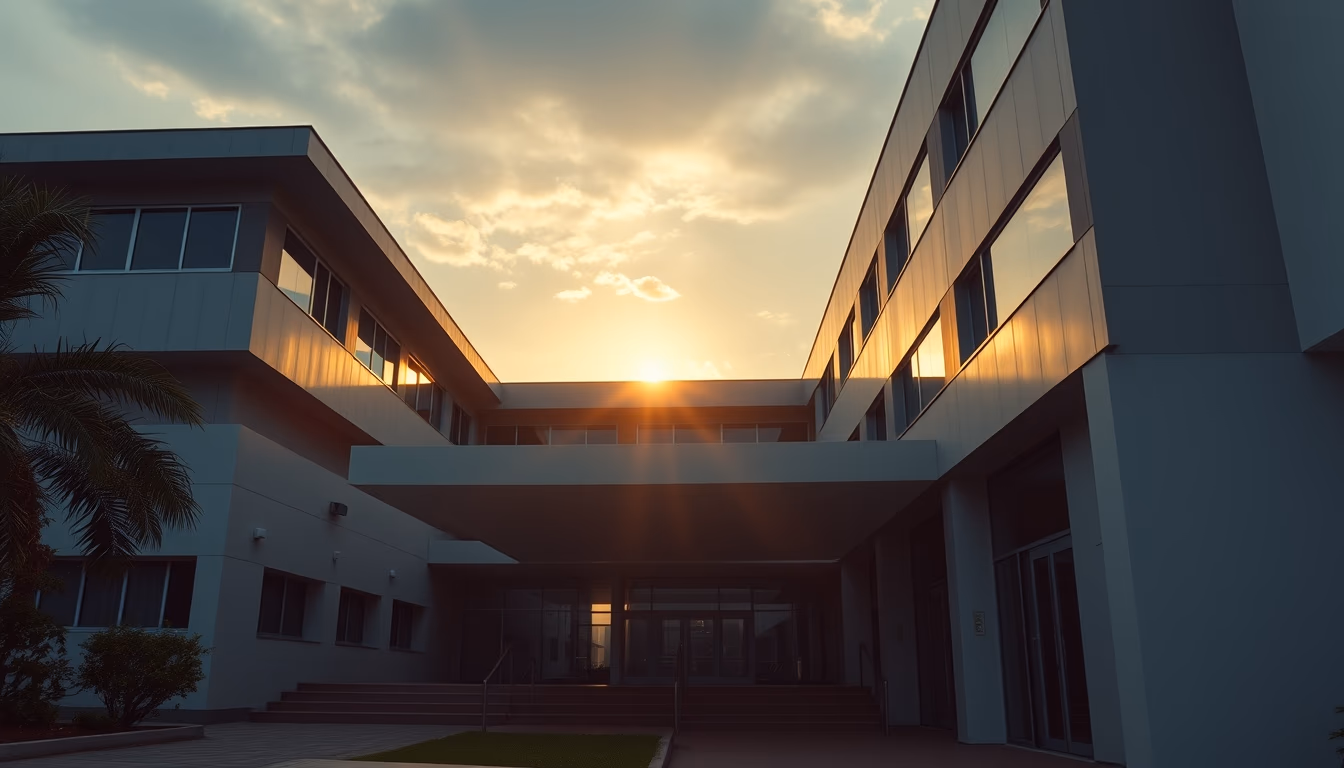 modern Brazilian hospital exterior at sunrise in editorial style