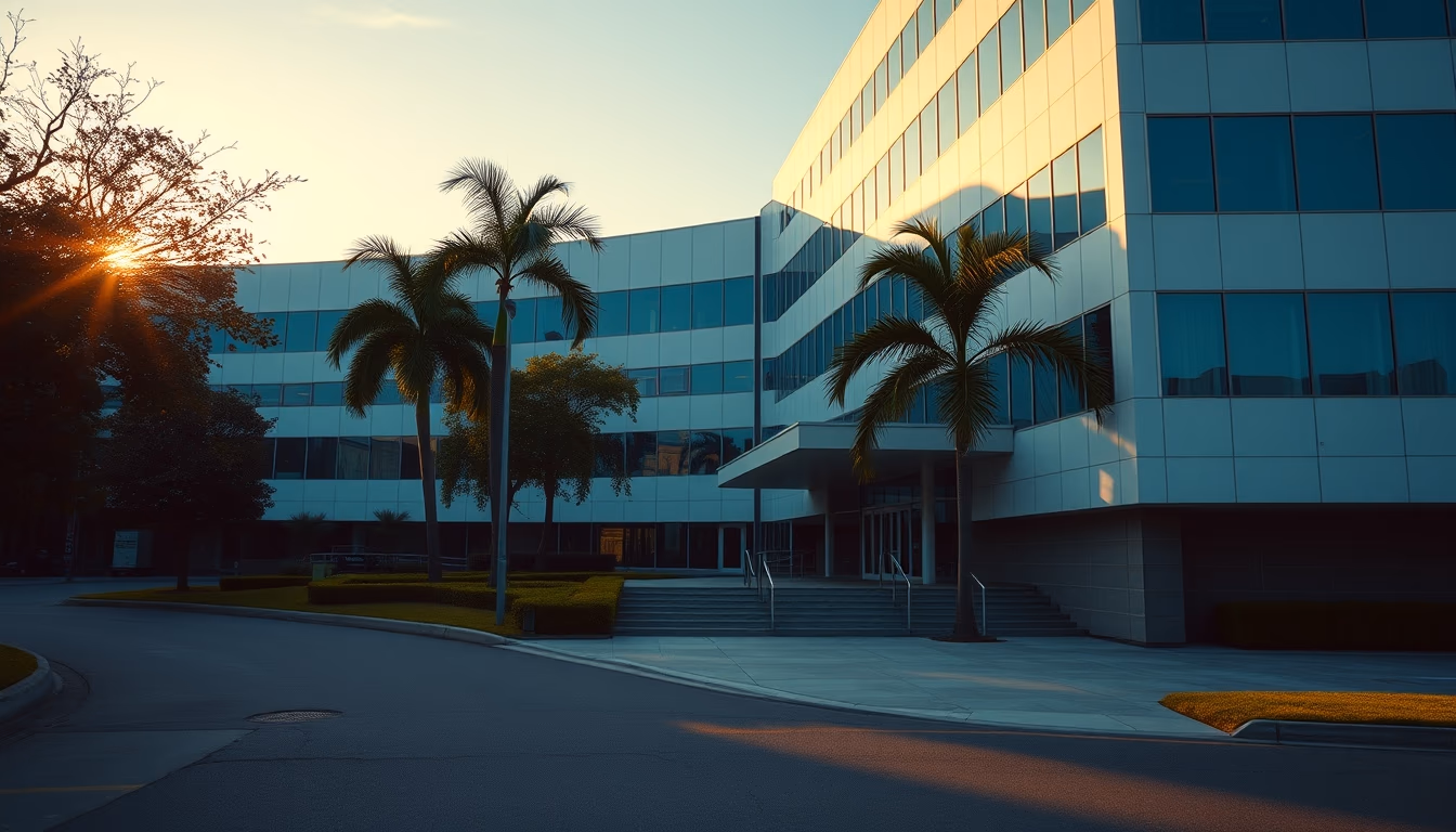 modern Brazilian hospital exterior at sunrise in editorial style