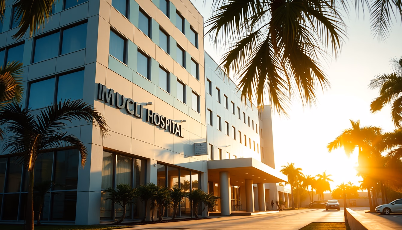 modern Brazilian hospital exterior at sunrise in editorial style