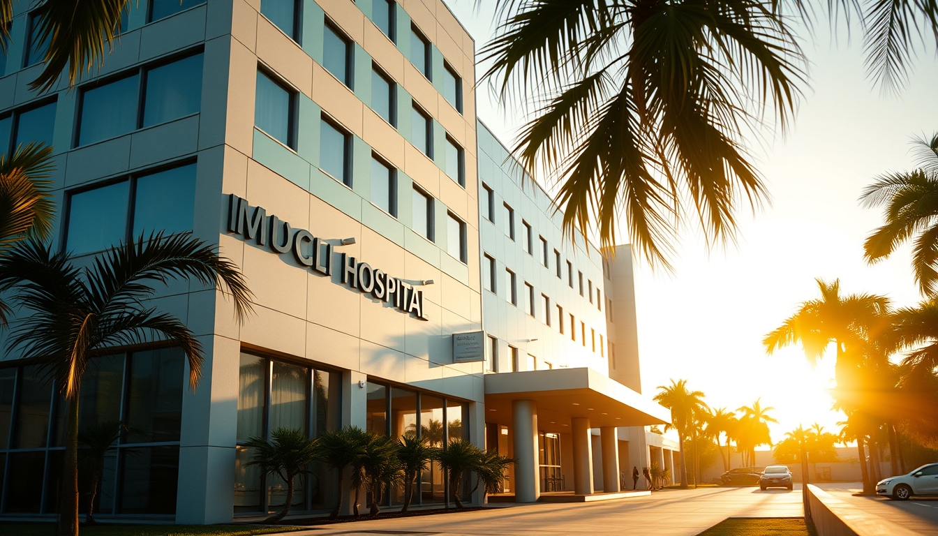 modern Brazilian hospital exterior at sunrise in editorial style