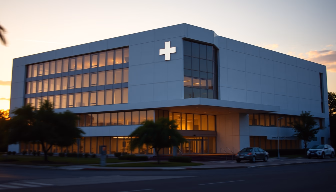 modern Brazilian hospital exterior at sunrise in editorial style
