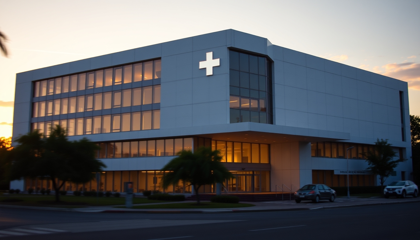 modern Brazilian hospital exterior at sunrise in editorial style