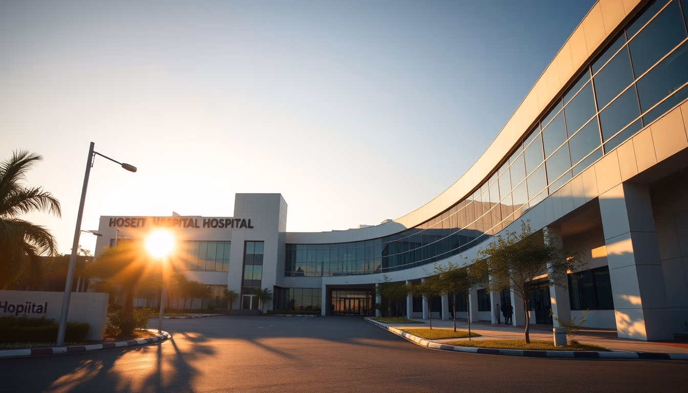 modern Brazilian hospital exterior at sunrise in editorial style