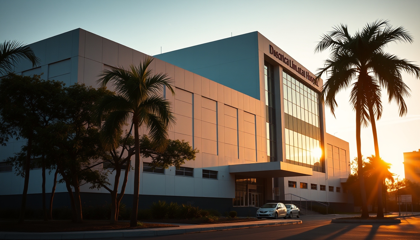modern Brazilian hospital exterior at sunrise in editorial style