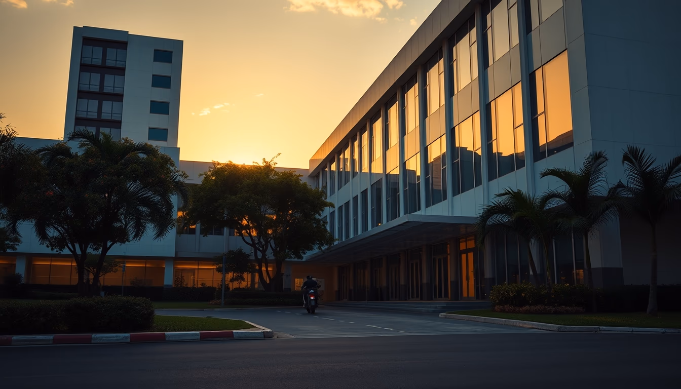 modern Brazilian hospital exterior at sunrise in editorial style