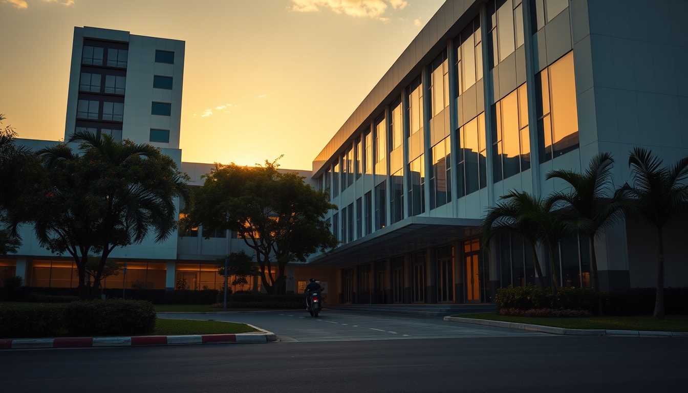 modern Brazilian hospital exterior at sunrise in editorial style