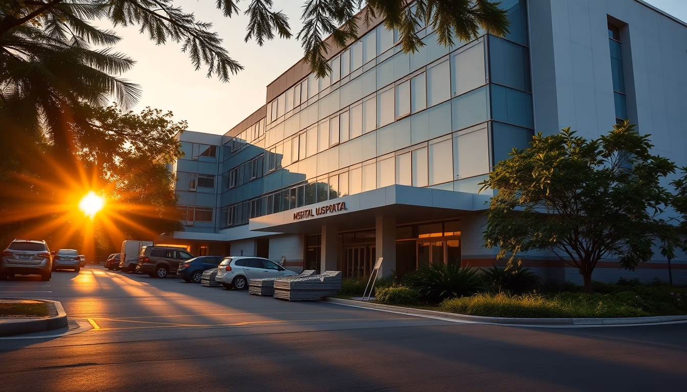 modern Brazilian hospital exterior at sunrise in editorial style