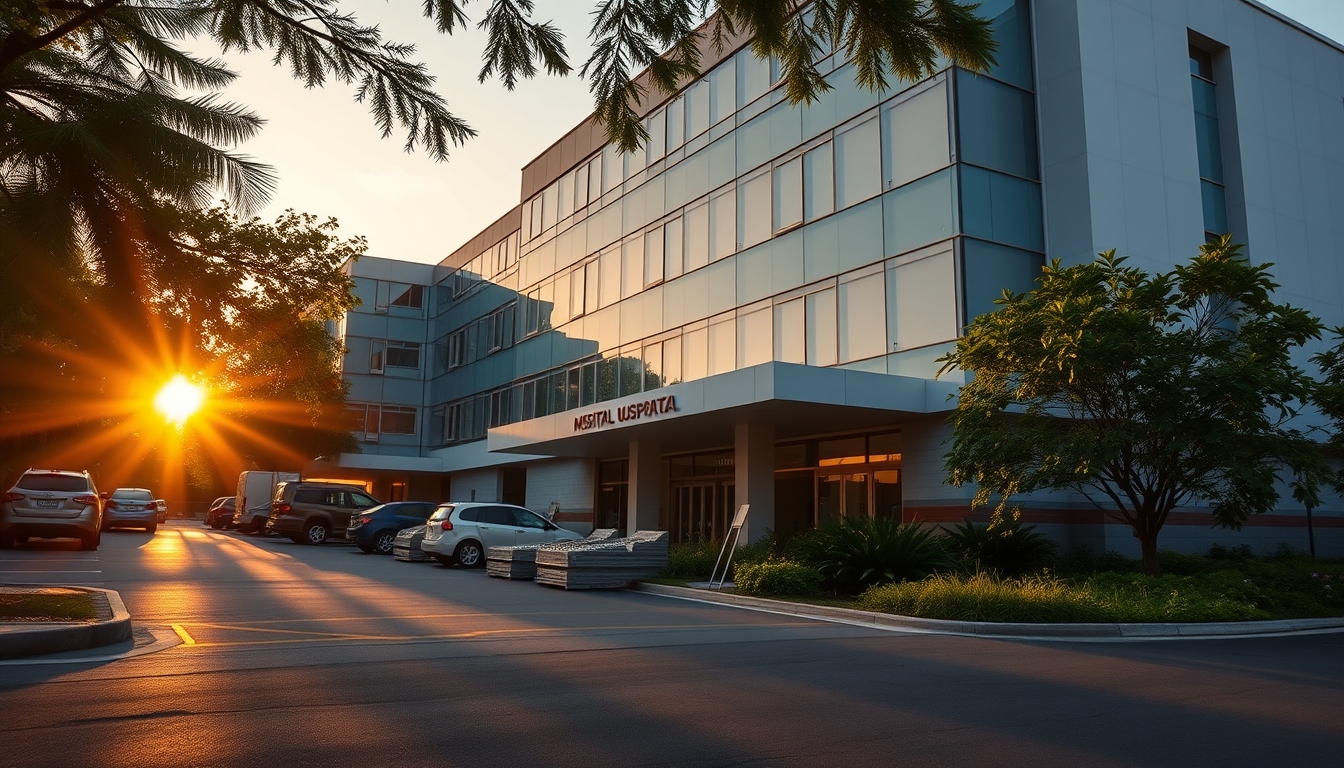 modern Brazilian hospital exterior at sunrise in editorial style