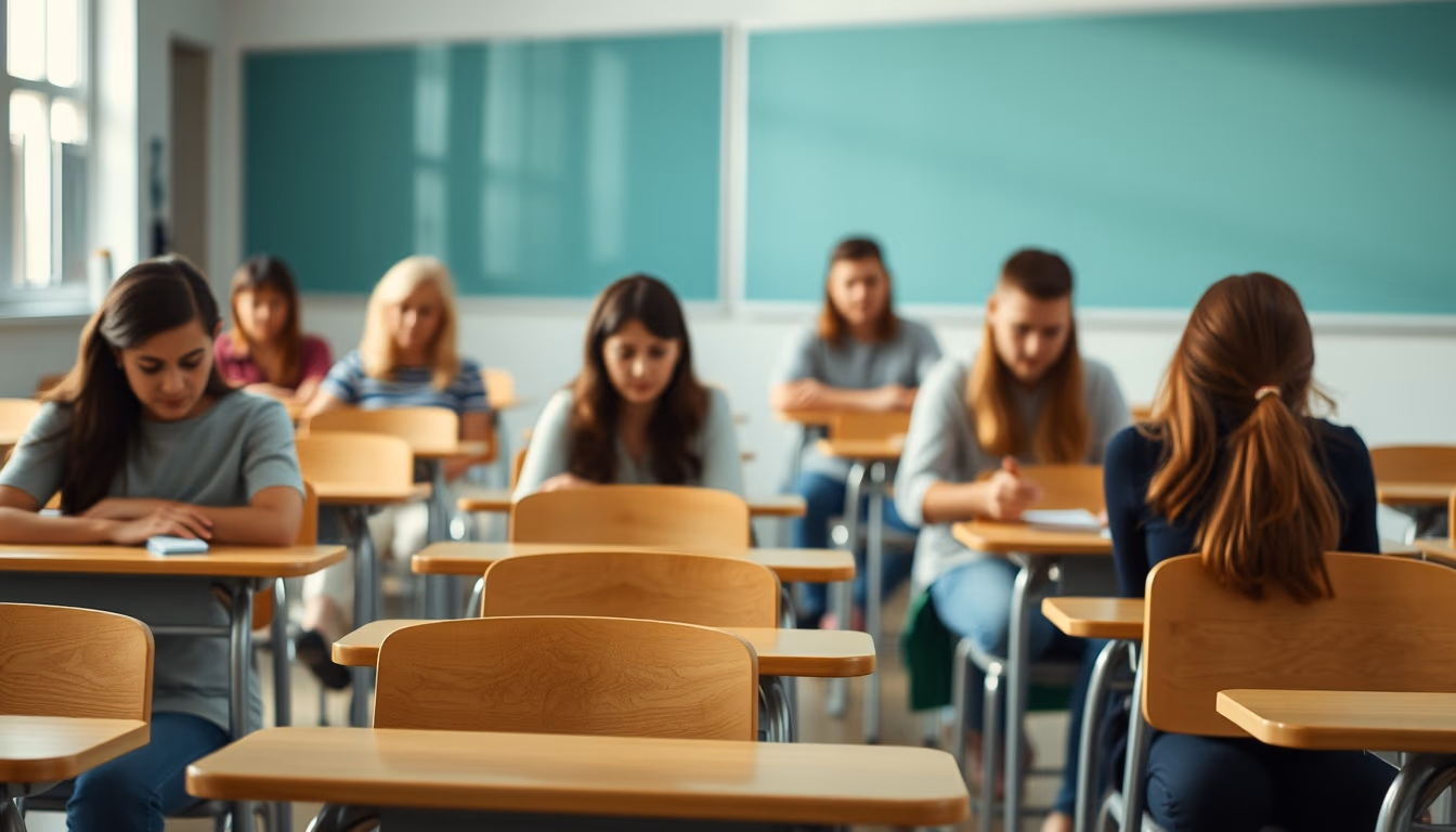 modern classroom empty rows in editorial style