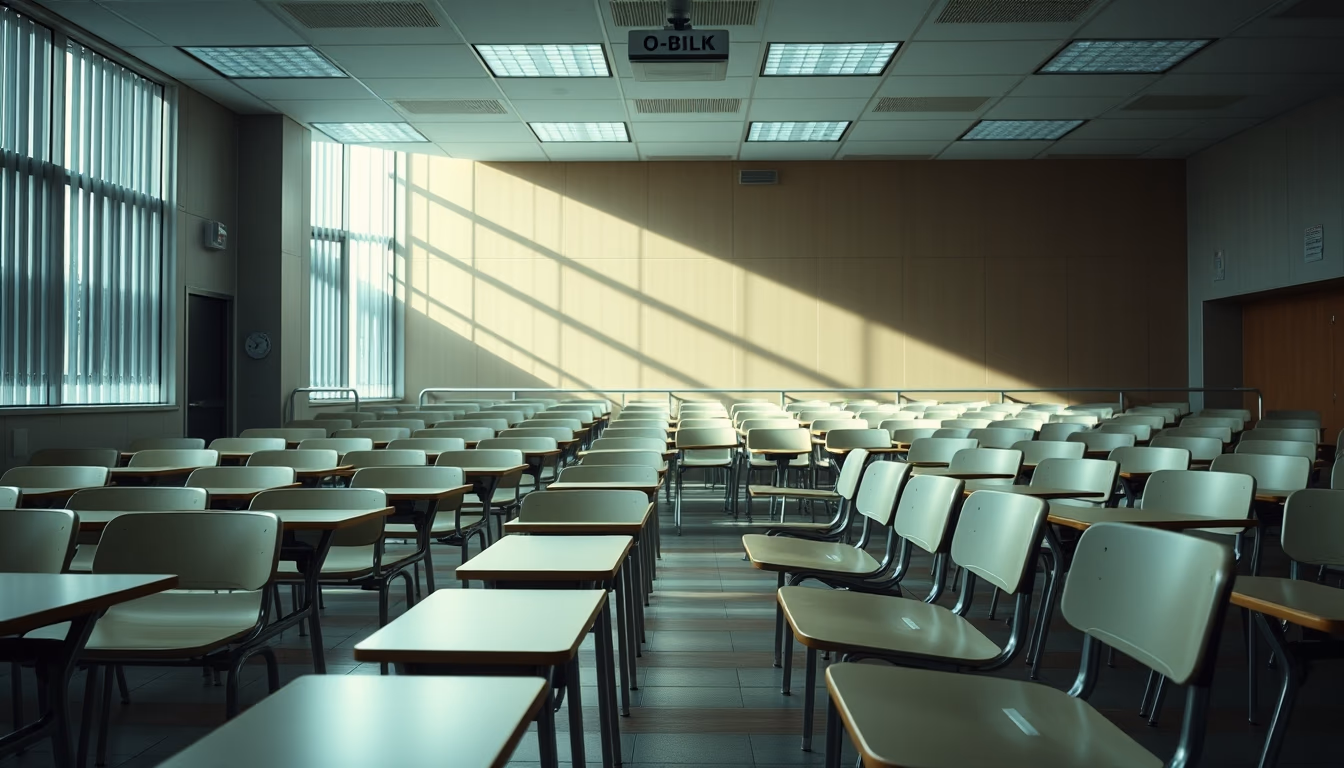modern classroom empty rows in editorial style