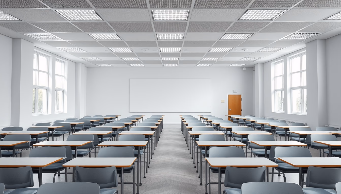 modern classroom empty rows in editorial style