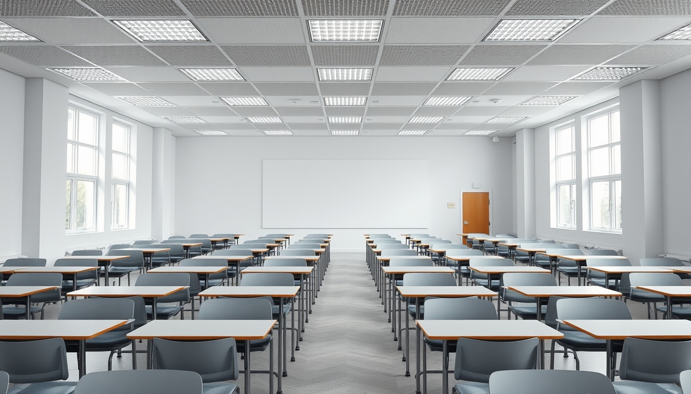 modern classroom empty rows in editorial style