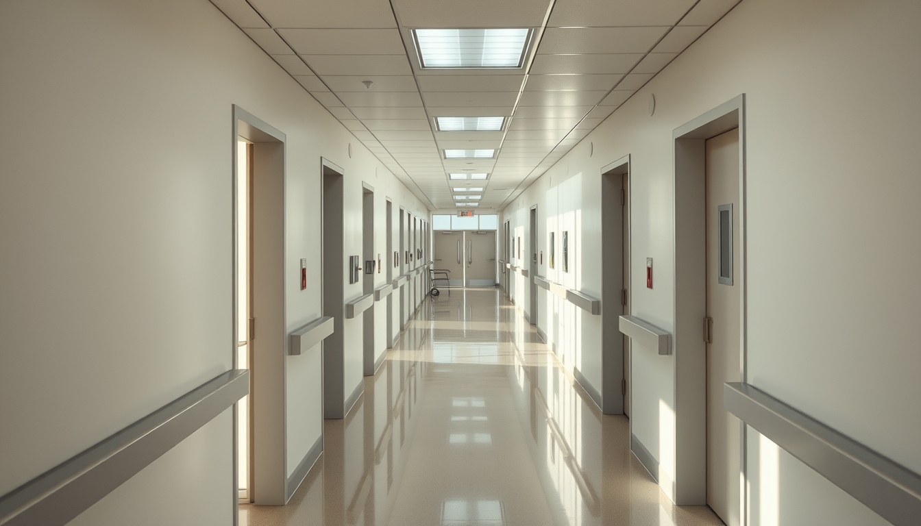 Corredor de hospital moderno paredes brancas limpas e luz natural em estilo editorial