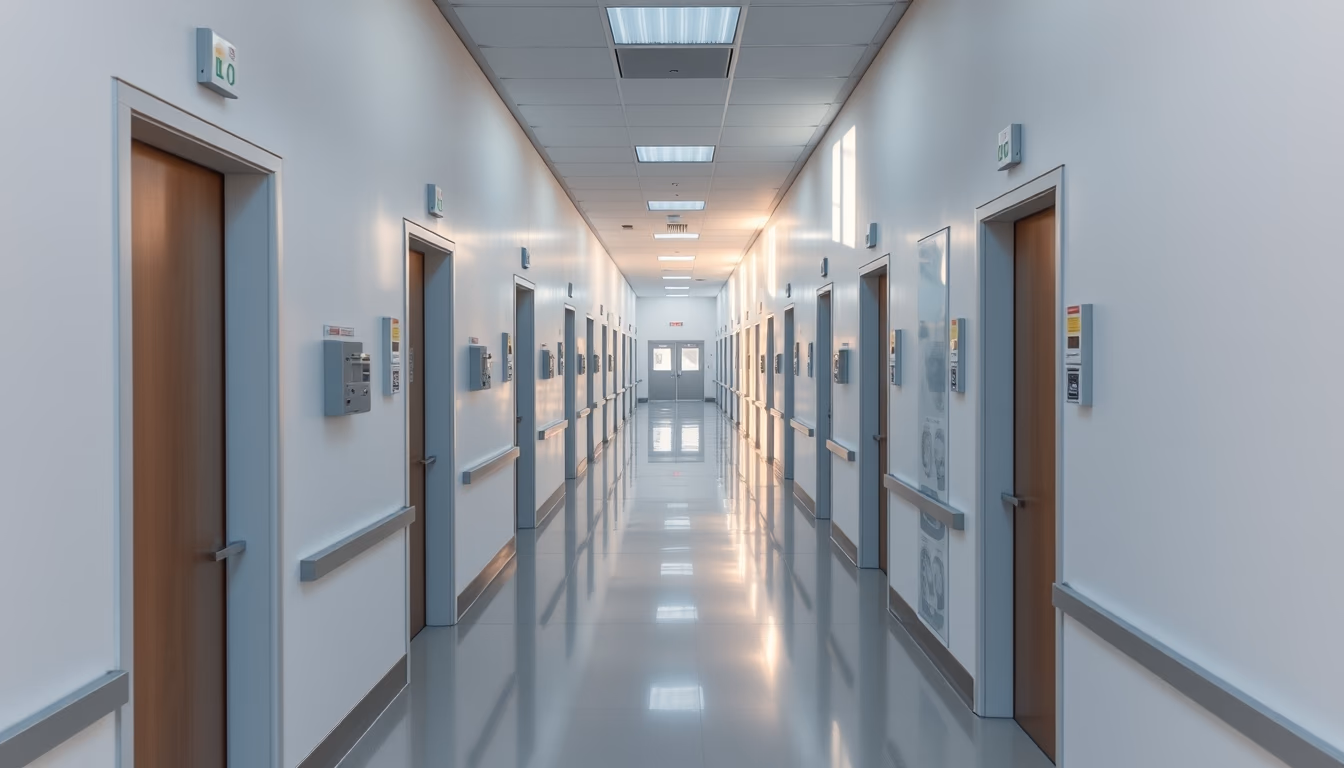 modern hospital corridor clean white walls and natural light in editorial style