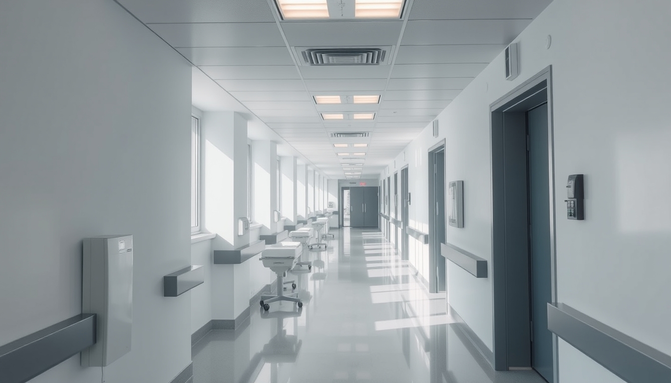 Corredor de hospital moderno paredes brancas limpas e luz natural em estilo editorial