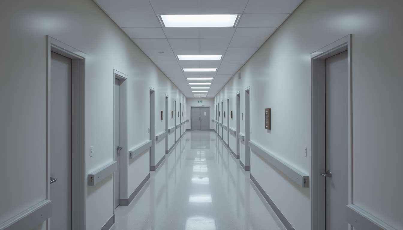 modern hospital corridor clean white walls and natural light in editorial style