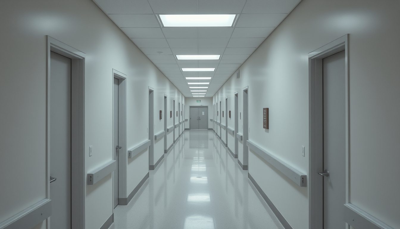 Corredor de hospital moderno paredes brancas limpas e luz natural em estilo editorial