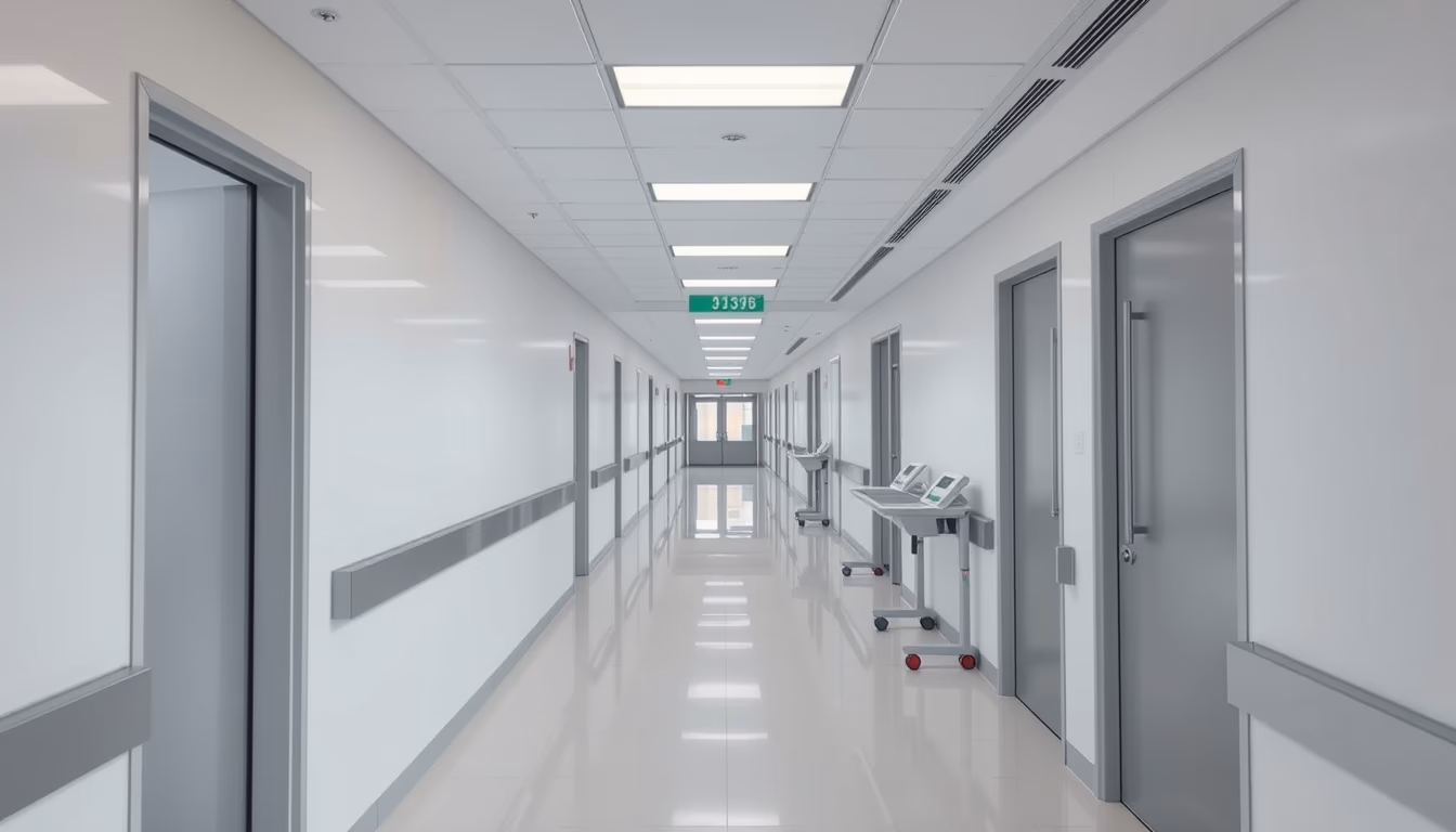 modern hospital corridor clean white walls and natural light in editorial style