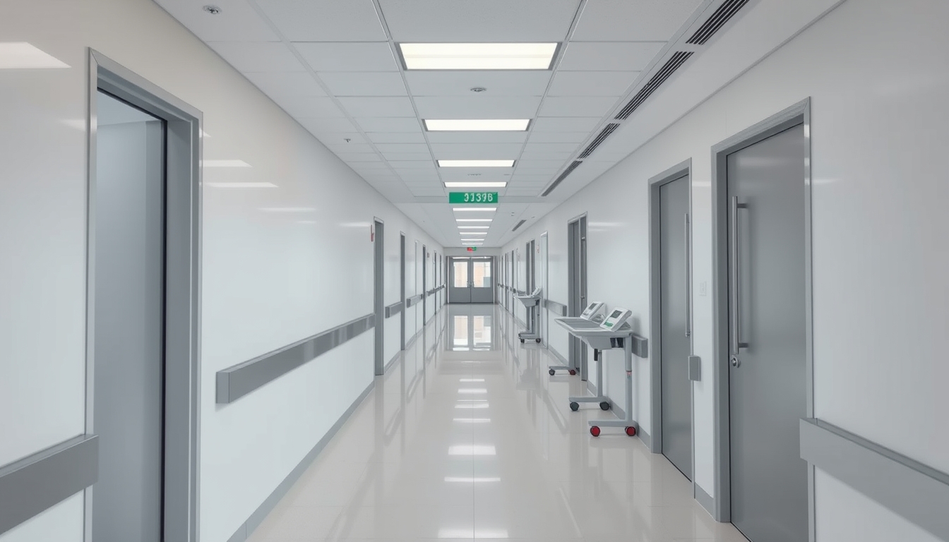 Corredor de hospital moderno paredes brancas limpas e luz natural em estilo editorial