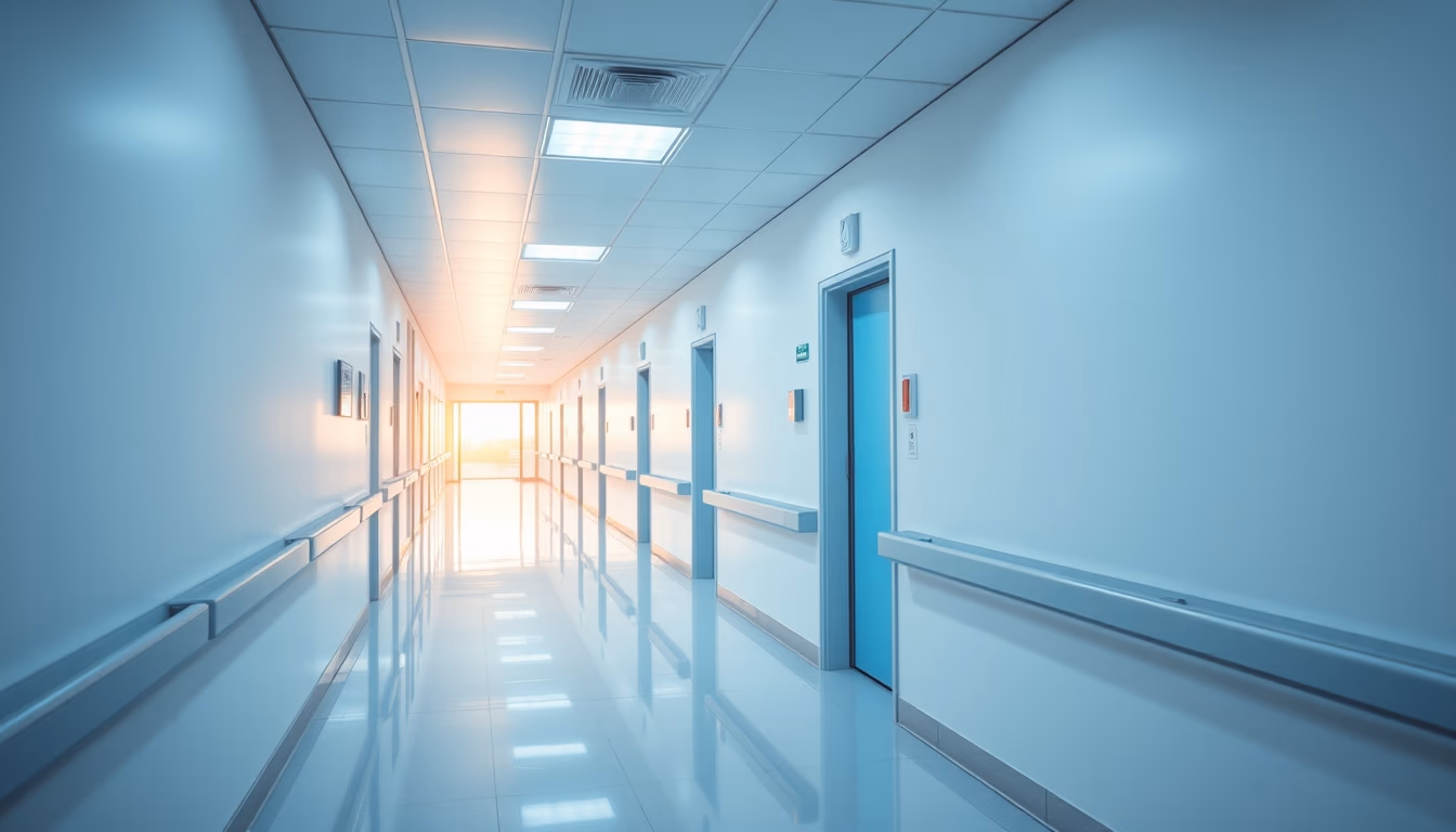 modern hospital corridor clean white walls and natural light in editorial style
