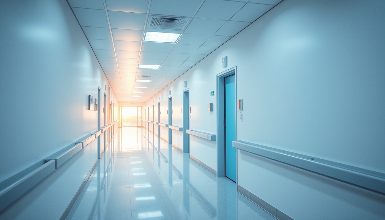Corredor de hospital moderno paredes brancas limpas e luz natural em estilo editorial