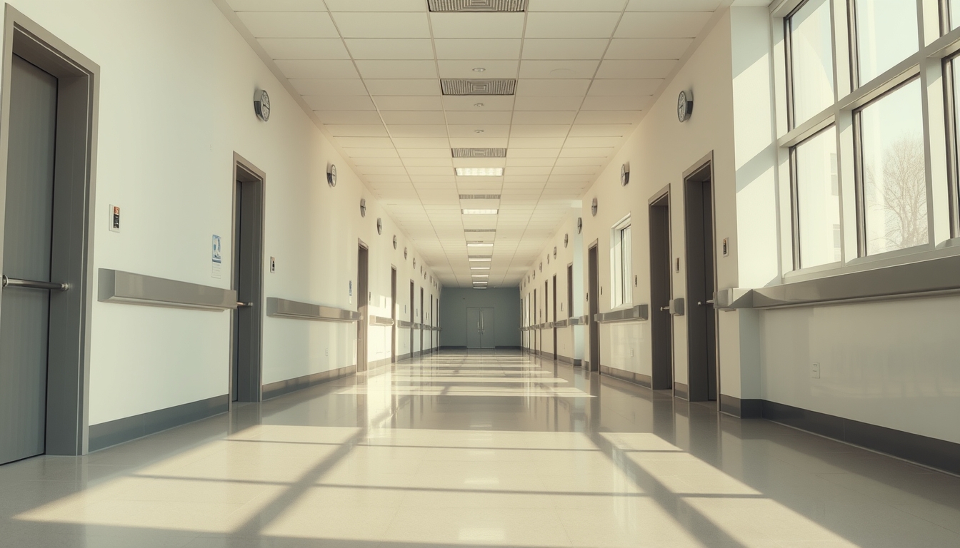 Corredor de hospital moderno paredes brancas limpas e luz natural em estilo editorial