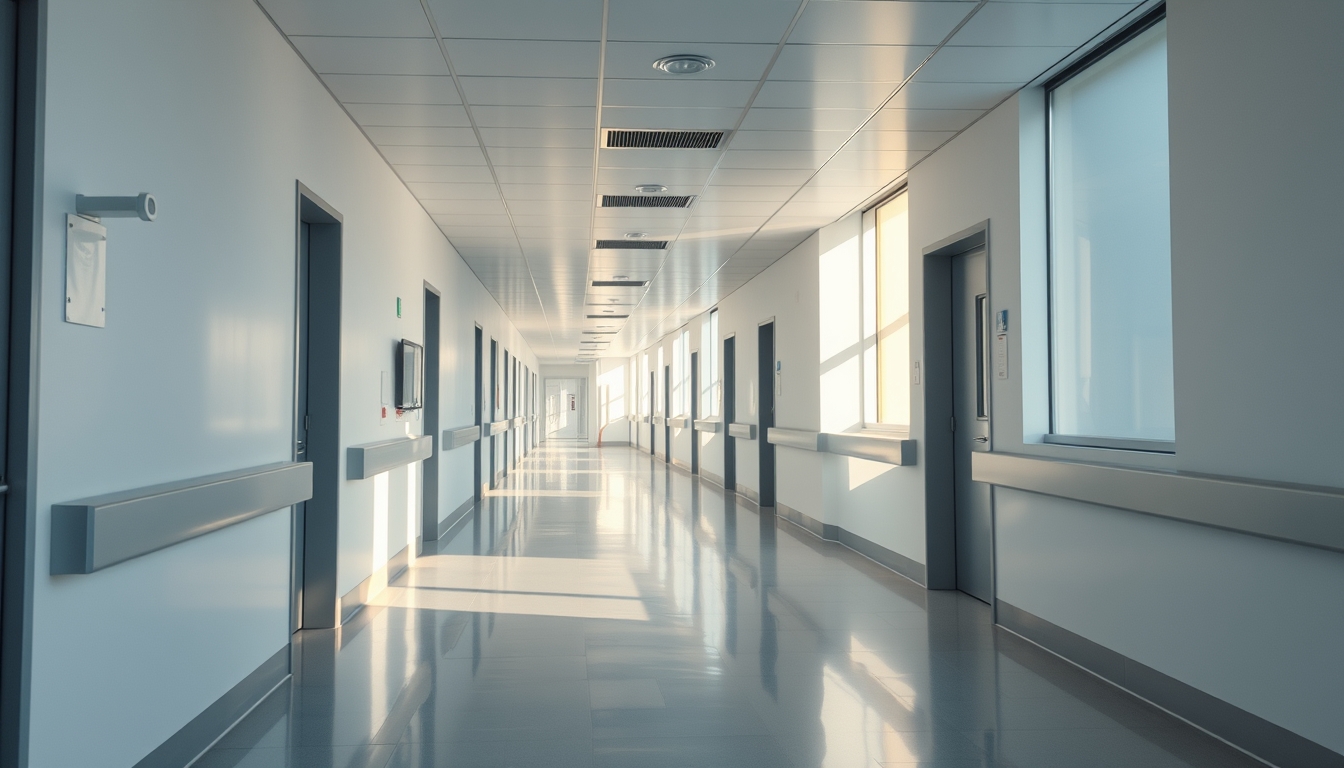 Corredor de hospital moderno paredes brancas limpas e luz natural em estilo editorial