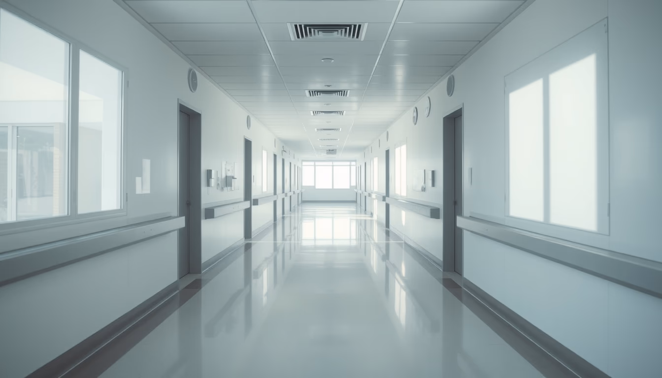 modern hospital corridor clean white walls and natural light in editorial style