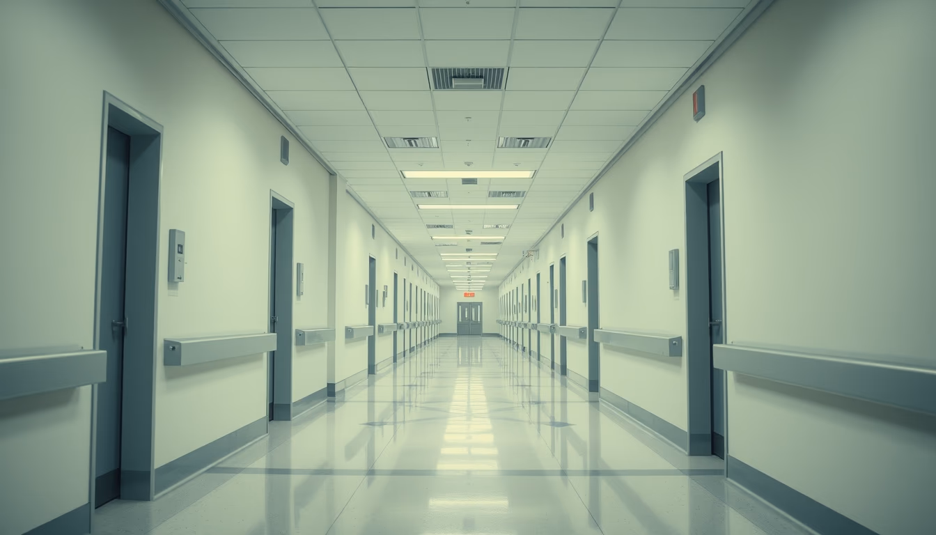 modern hospital corridor clean white walls and natural light in editorial style