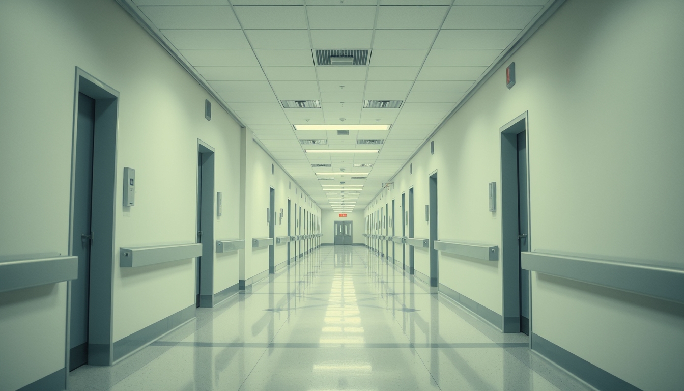 Corredor de hospital moderno paredes brancas limpas e luz natural em estilo editorial