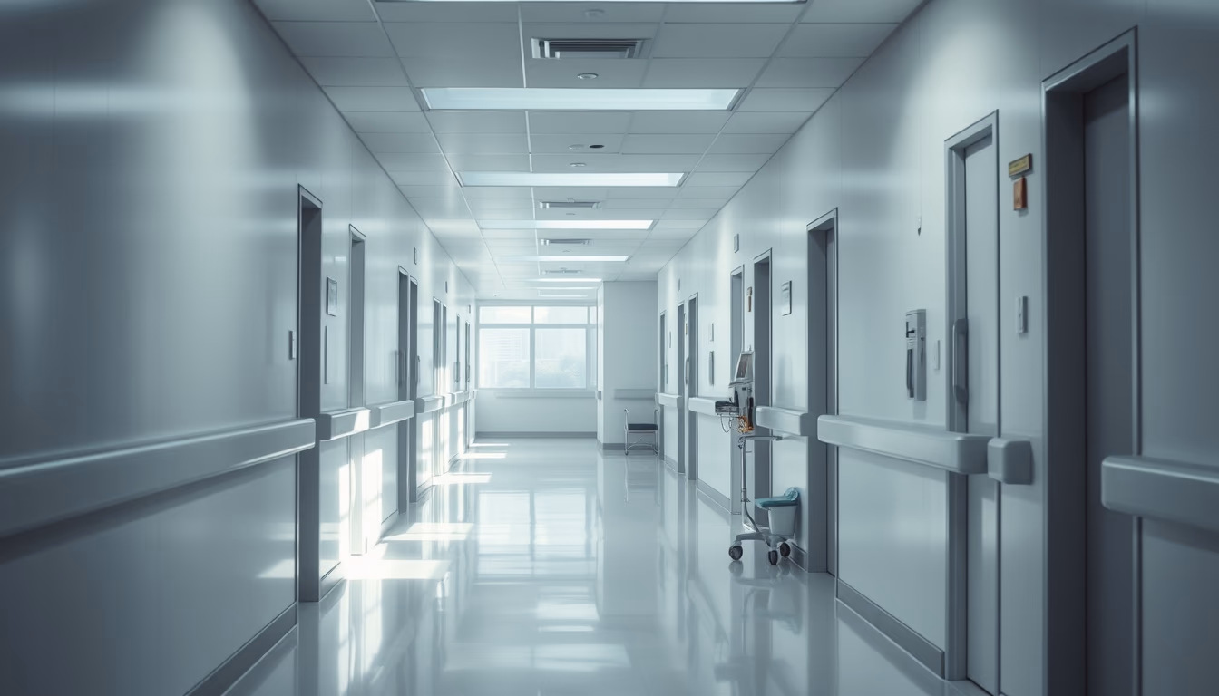 modern hospital corridor clean white walls and natural light in editorial style