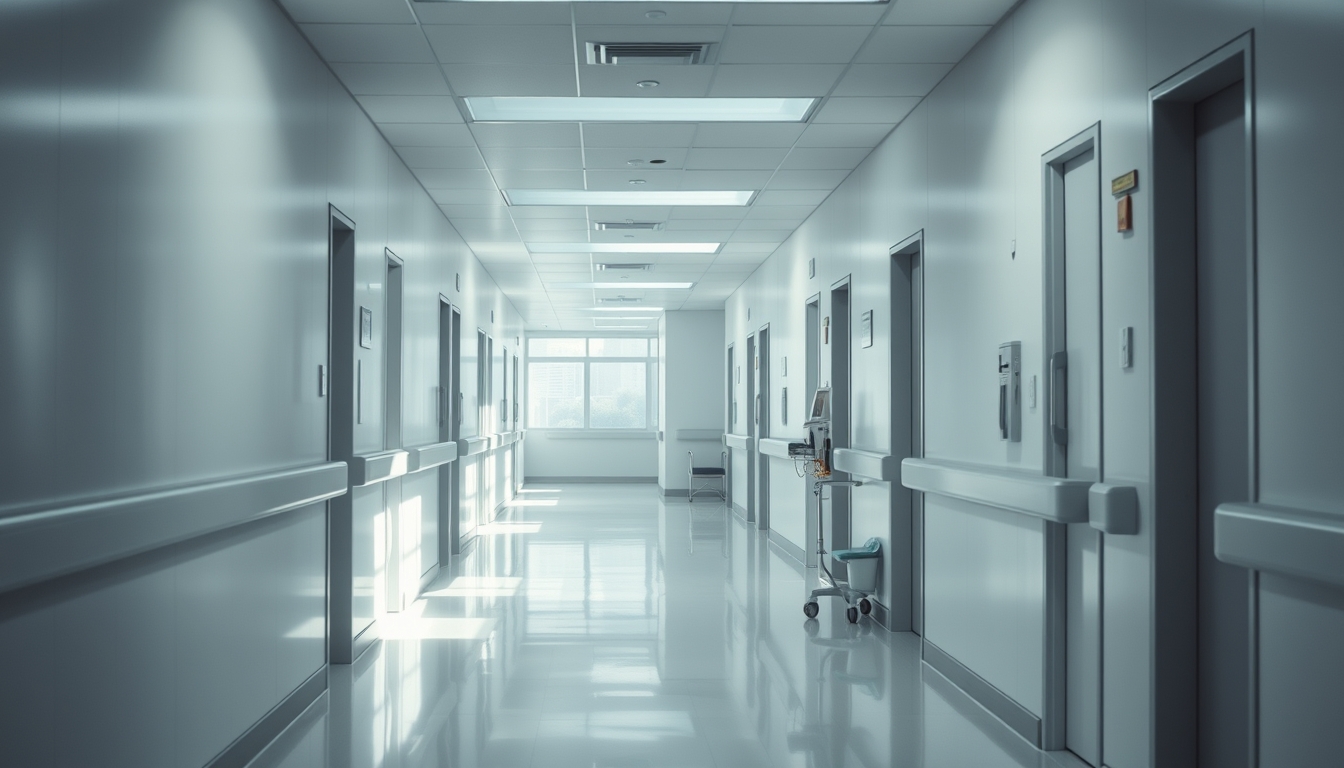 Corredor de hospital moderno paredes brancas limpas e luz natural em estilo editorial