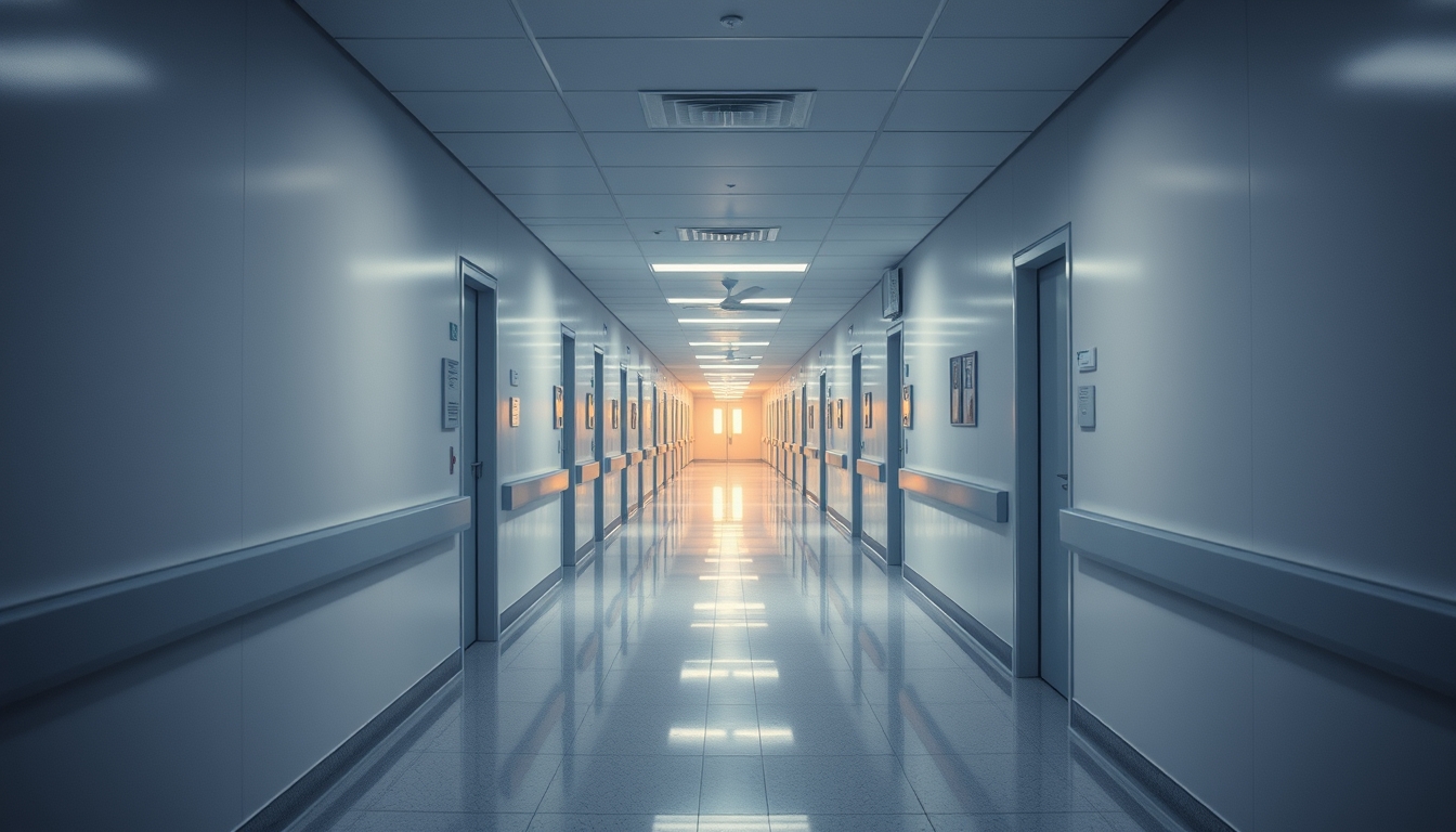 Corredor de hospital moderno paredes brancas limpas e luz natural em estilo editorial