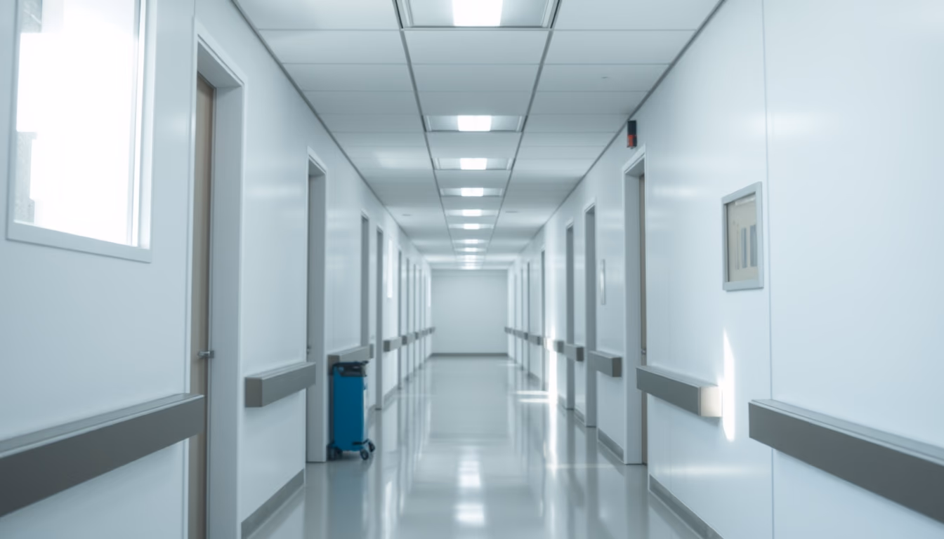 Corredor de hospital moderno paredes brancas limpas e luz natural em estilo editorial