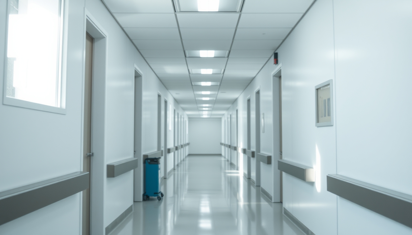 Corredor de hospital moderno paredes brancas limpas e luz natural em estilo editorial