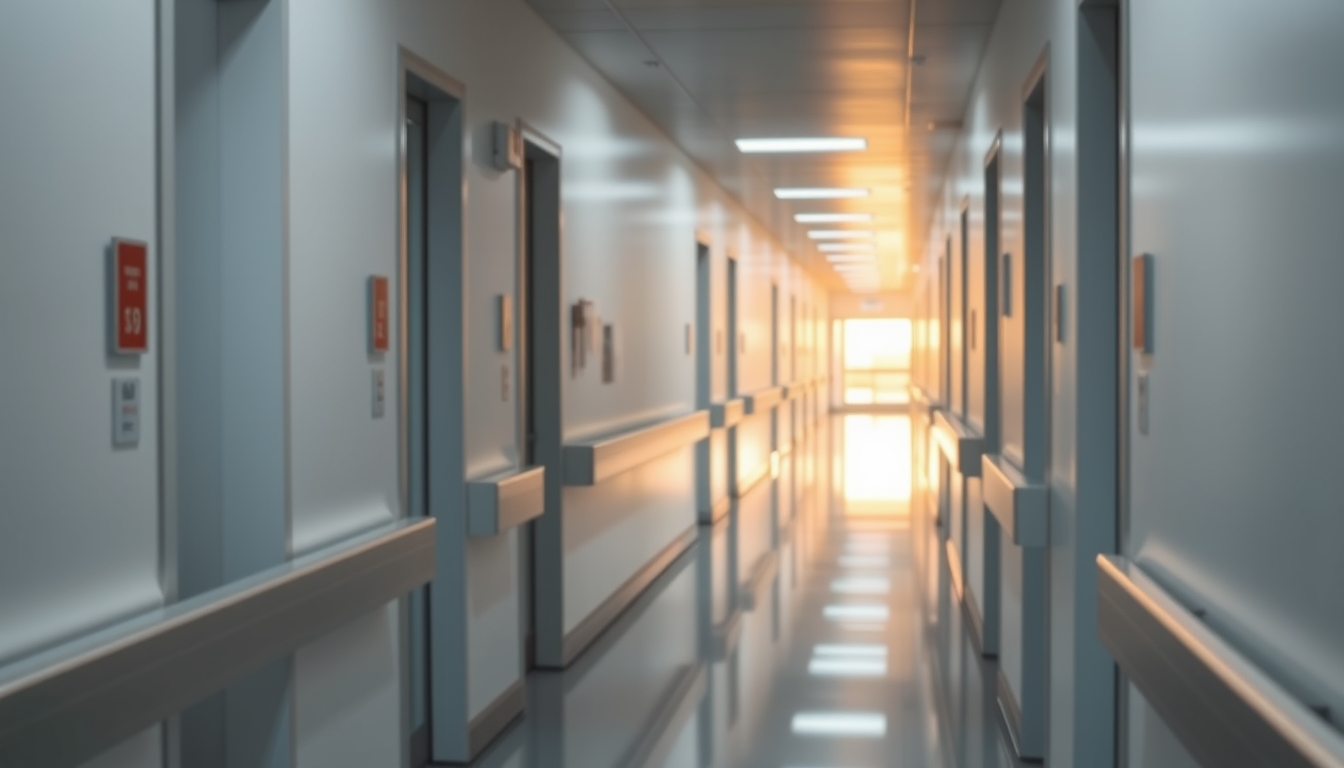 Corredor de hospital moderno paredes brancas limpas e luz natural em estilo editorial